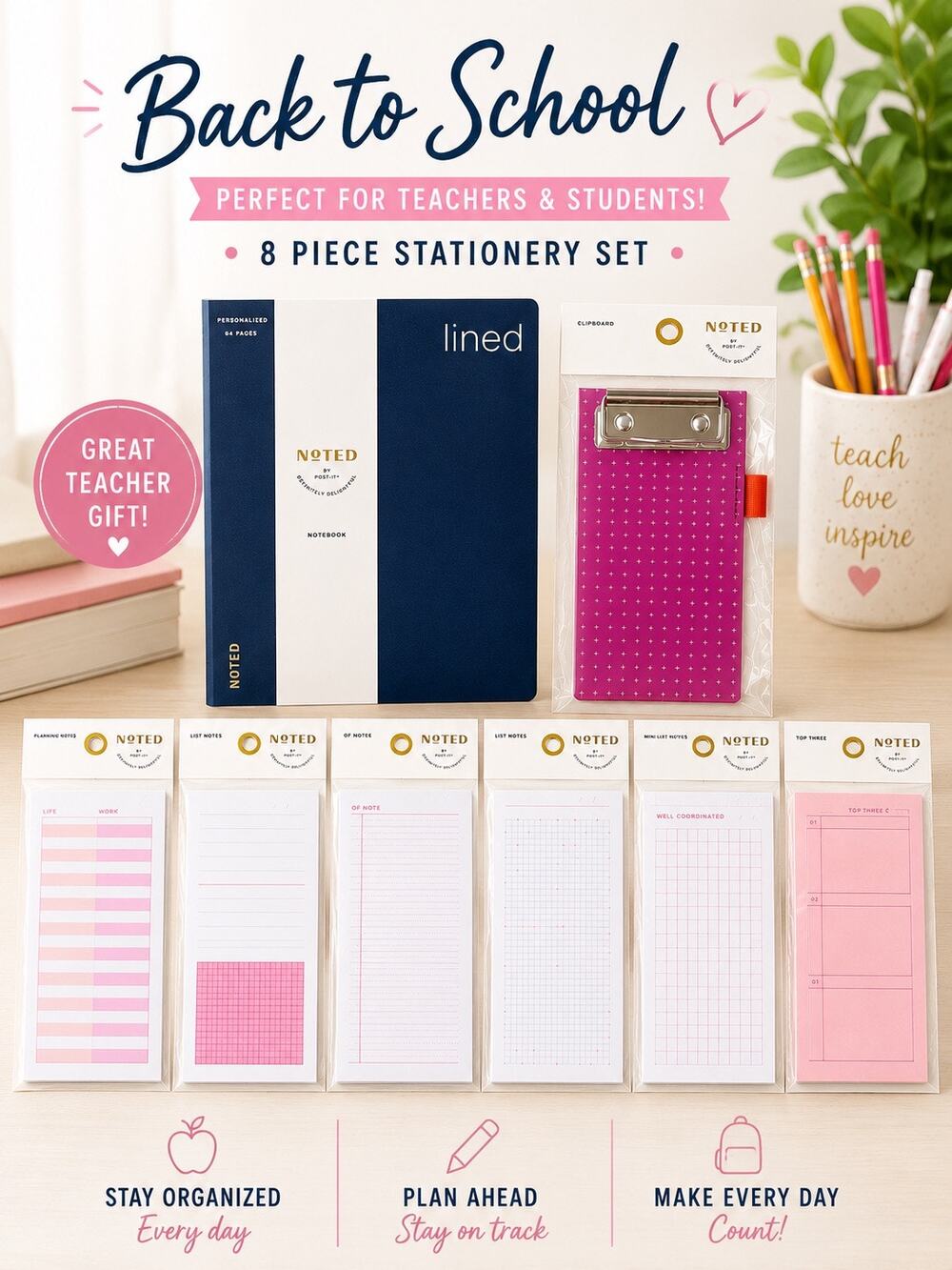 Teacher Post-it Noted Stationery Set Notebook Clipboard Memo Pads 8 Piece NWT